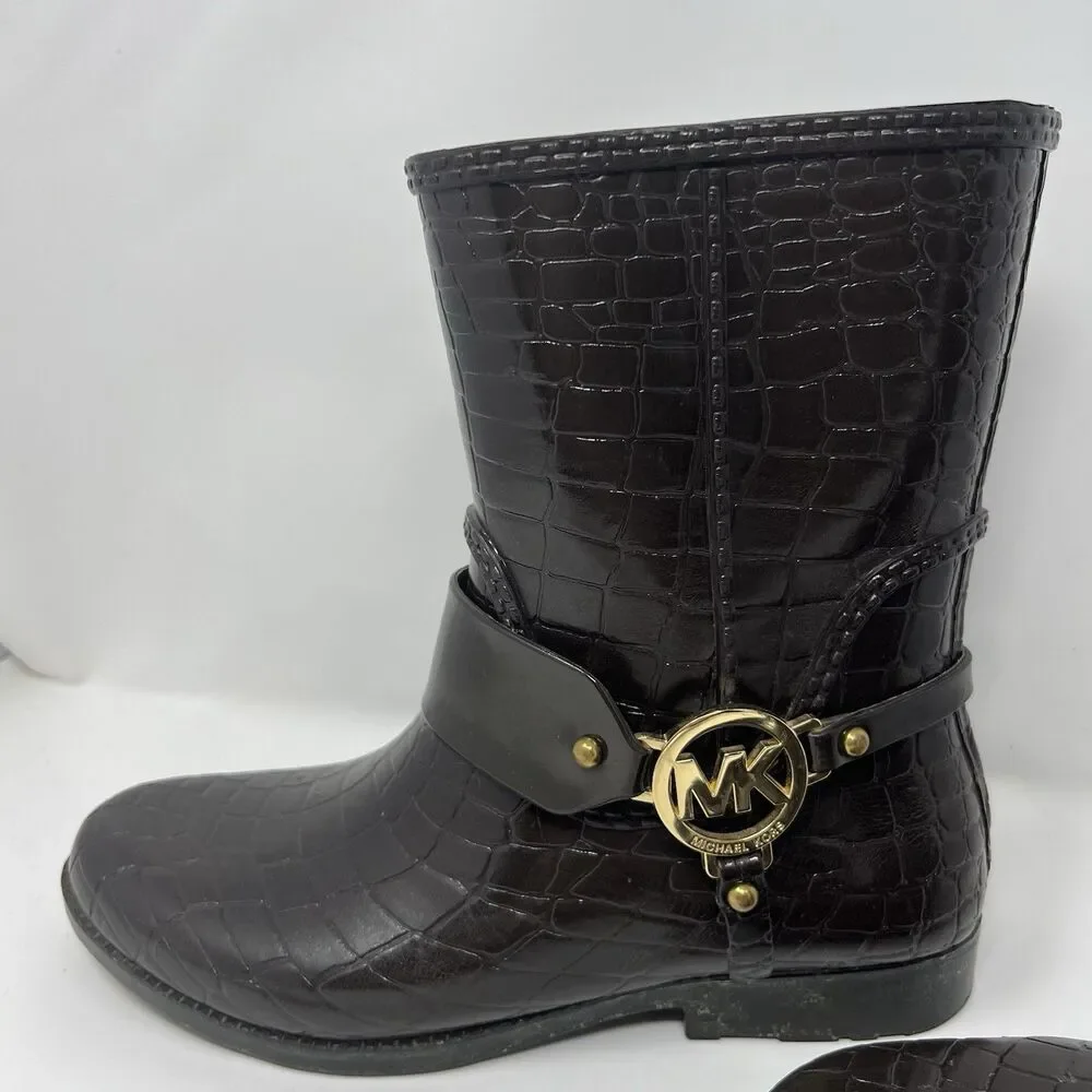 Michael Kors Rain Booties Dark Brown Croc Embossed Equestrian Rubber Rainboot S7